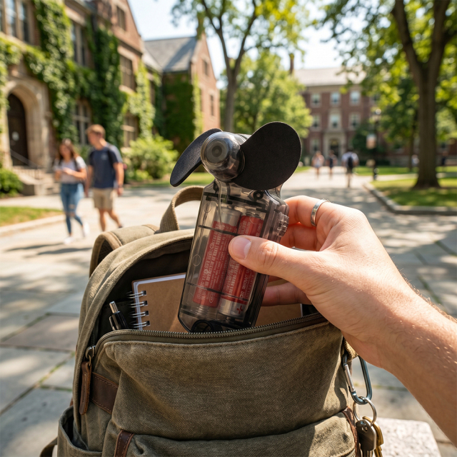 A person's hand sliding the compact transparent black handheld fan into the front pocket of a canvas backpack on a campus pathway.