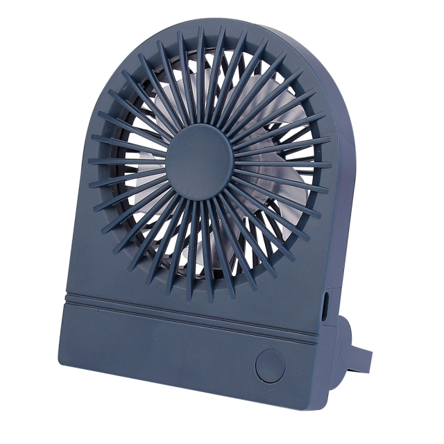 Three-quarter angled front studio view of the navy blue portable desktop fan standing upright with its support bracket.