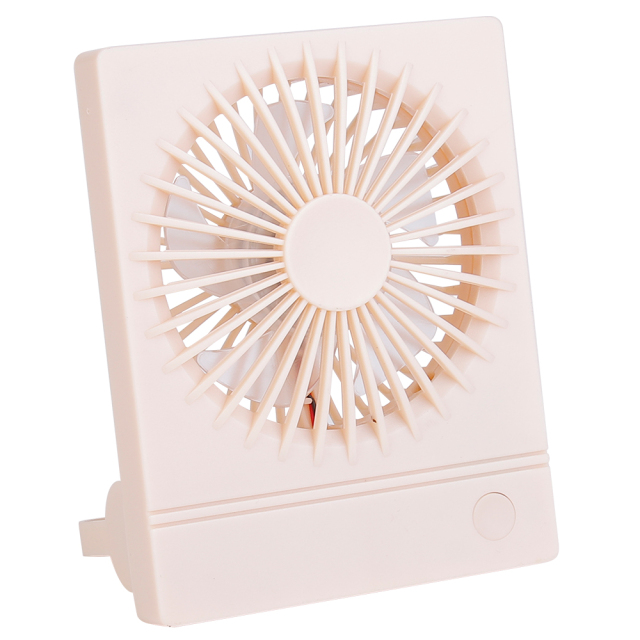Three-quarter angled front studio view of the pink portable pocket fan with its integrated back stand unfolded.