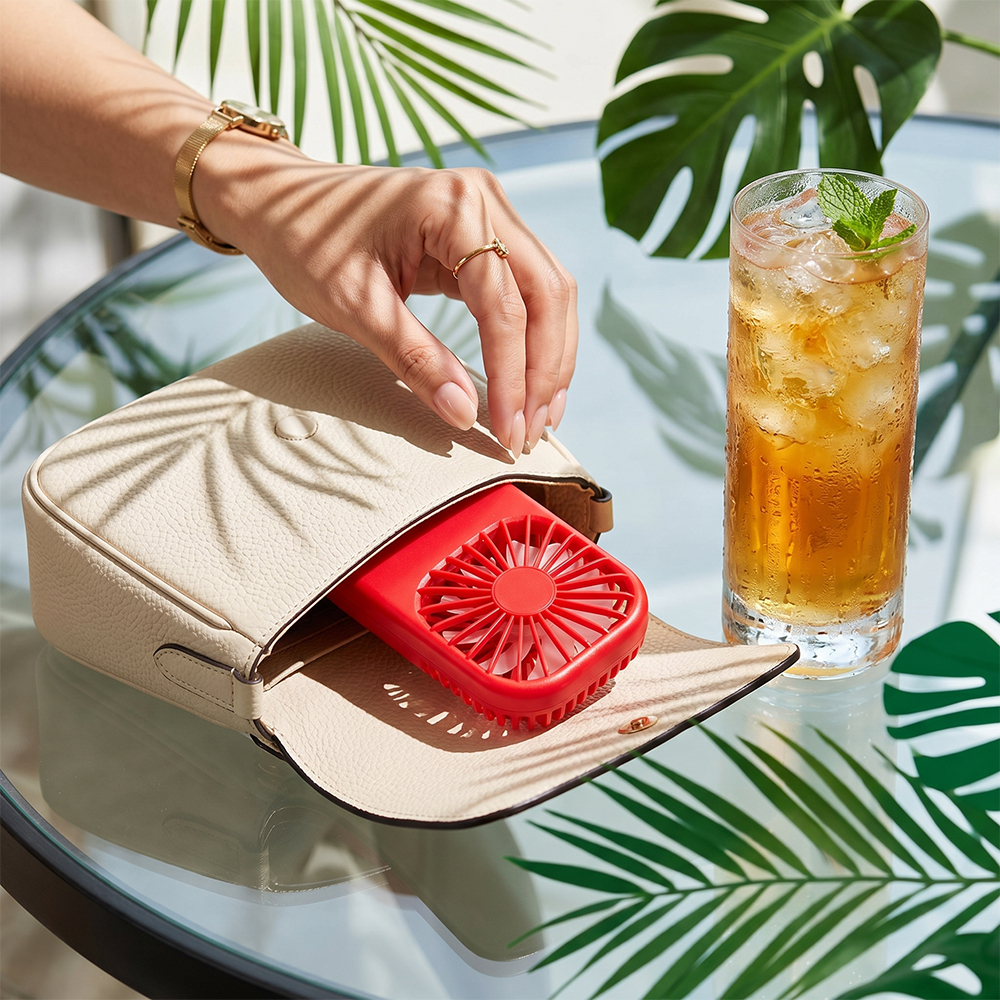 A person putting a compact red foldable personal fan into a beige shoulder bag on an outdoor cafe table.