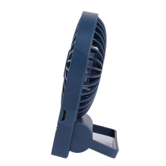 Profile side studio view of the slim navy blue rechargeable fan showing its thin depth and back support base.
