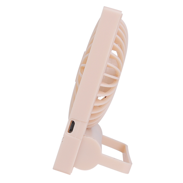 Profile side studio view of the slim pink rechargeable fan highlighting its ultra-thin housing and unfolded desktop stand.