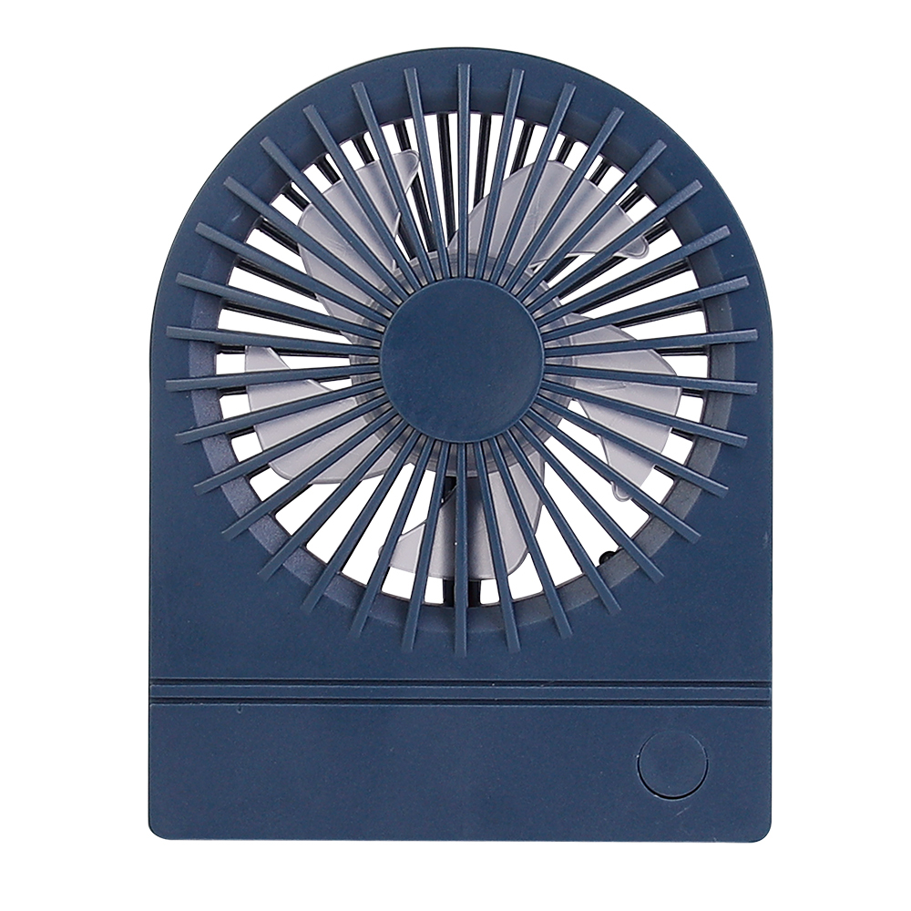 Straight front studio view of the navy blue ultra-thin foldable fan featuring gray inner blades.