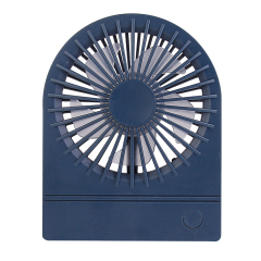 Straight front studio view of the navy blue ultra-thin foldable fan featuring gray inner blades.