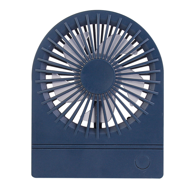 Straight front studio view of the navy blue ultra-thin foldable fan featuring gray inner blades.