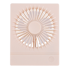 Straight front studio view of the light pink ultra-thin foldable fan with a square frame and multi-vane grille.