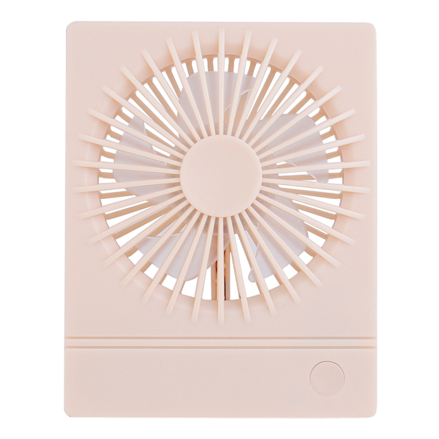 Straight front studio view of the light pink ultra-thin foldable fan with a square frame and multi-vane grille.