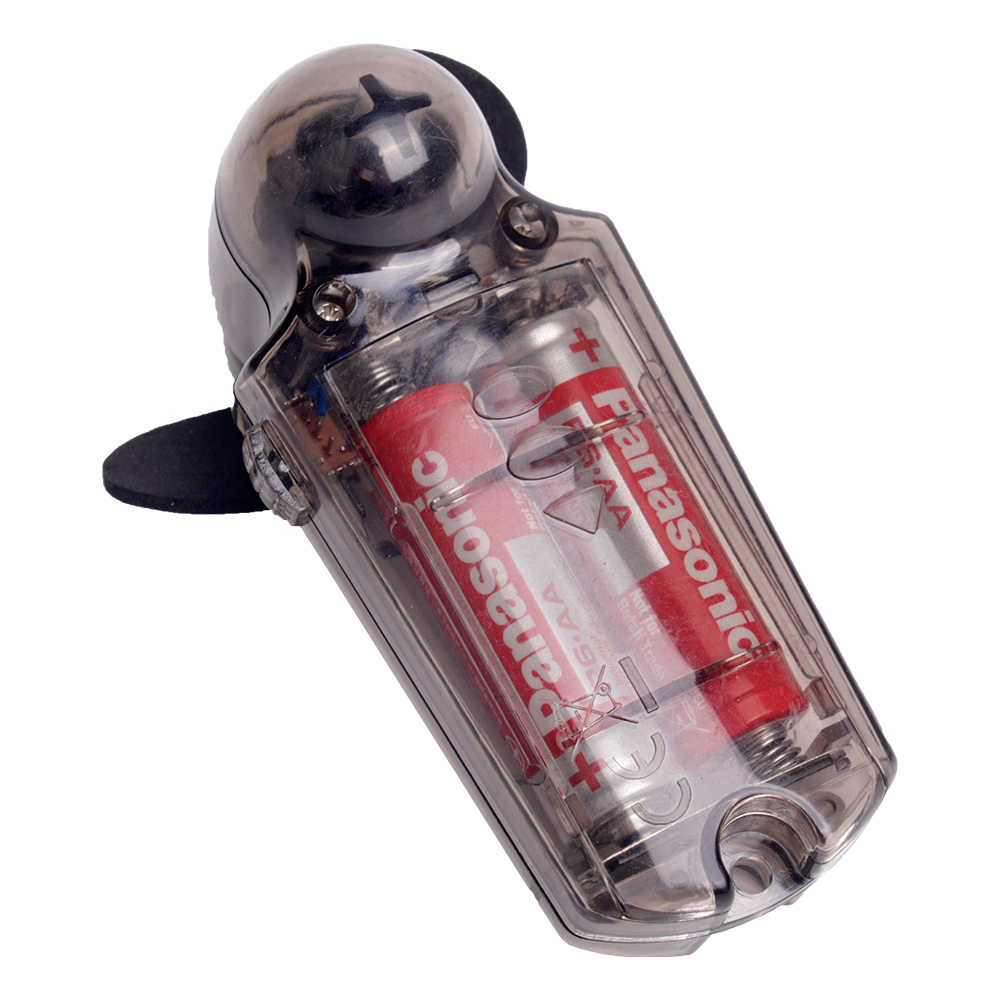Rear studio view of the transparent black handheld fan showcasing the back structure housing red batteries inside.
