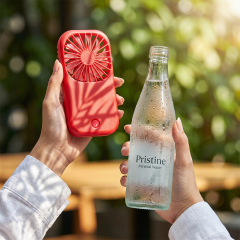 A close-up of hands holding a red portable mini fan and a chilled glass bottle of mineral water outdoors.