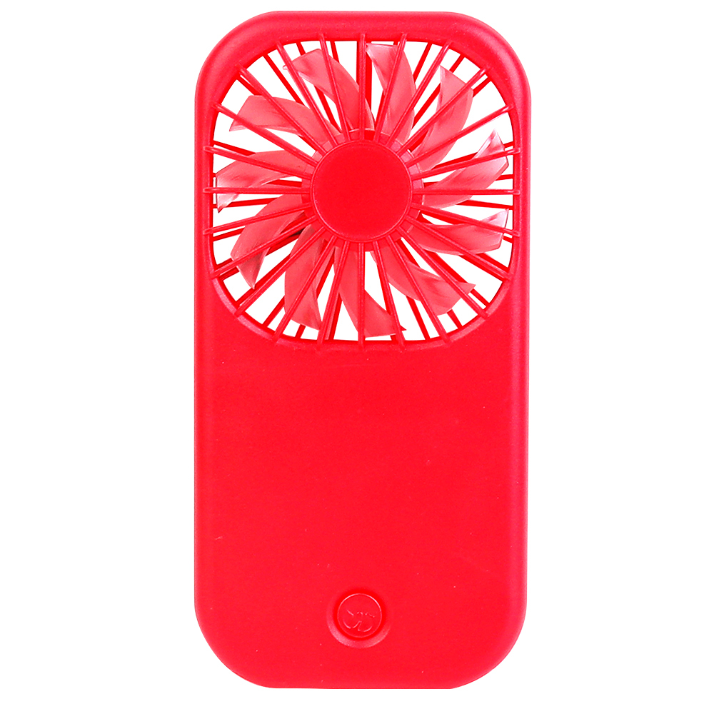Straight front studio view of the bright red ultra-thin personal fan with a sleek rectangular body and circular power button.