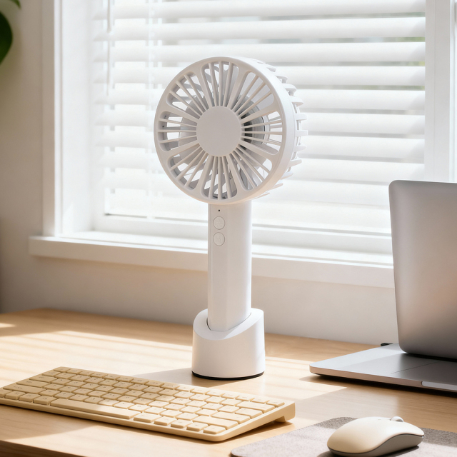A white handheld mini fan standing in its vertical base on a wooden desk next to a laptop, keyboard, and mouse in front of a sunlit window with blinds.