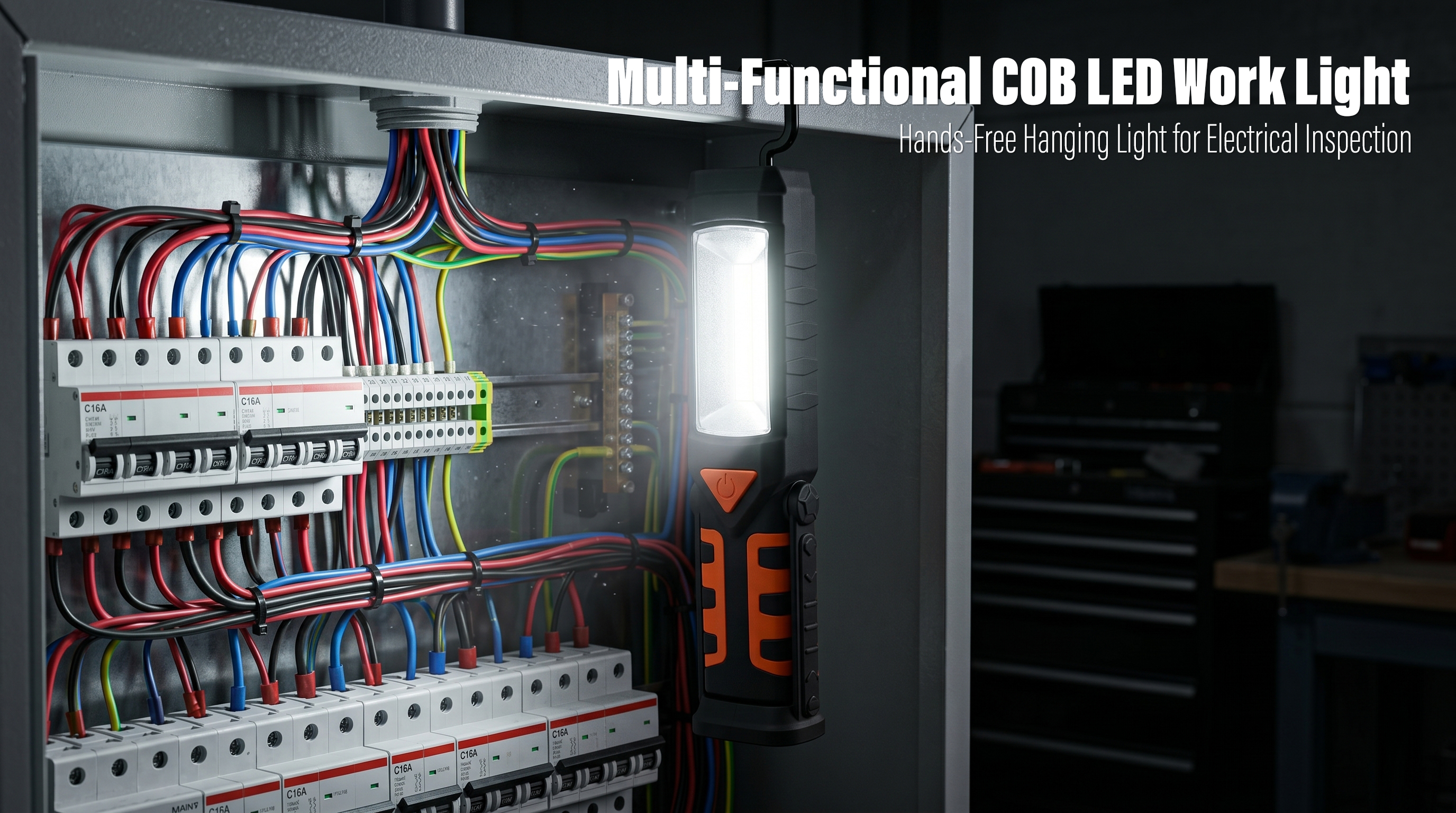 An orange and black LED work light hanging from its hook inside an open electrical circuit breaker box, providing bright illumination for inspection.