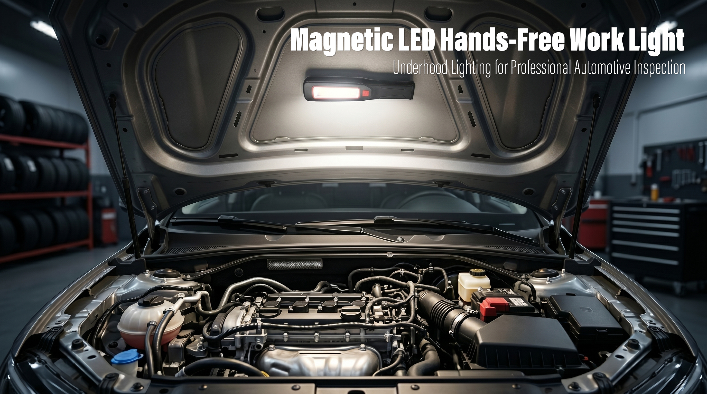 A magnetic LED work light attached to the inside of an open car hood, illuminating the entire vehicle engine bay for detailed automotive repair and inspection.