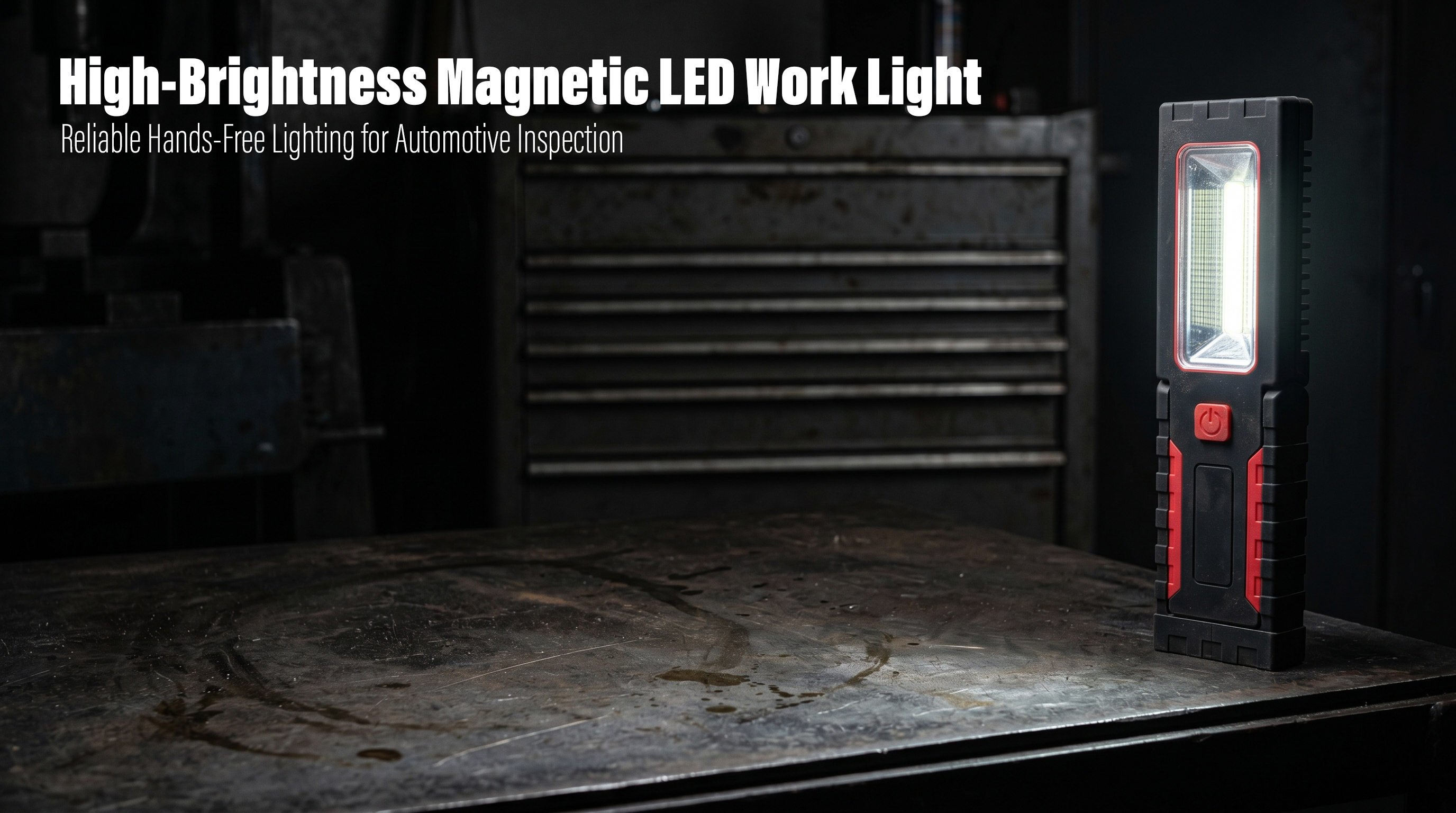 A rugged black and red LED work light standing vertically on a metallic workbench, illuminating a dark workshop with tool cabinets in the background.