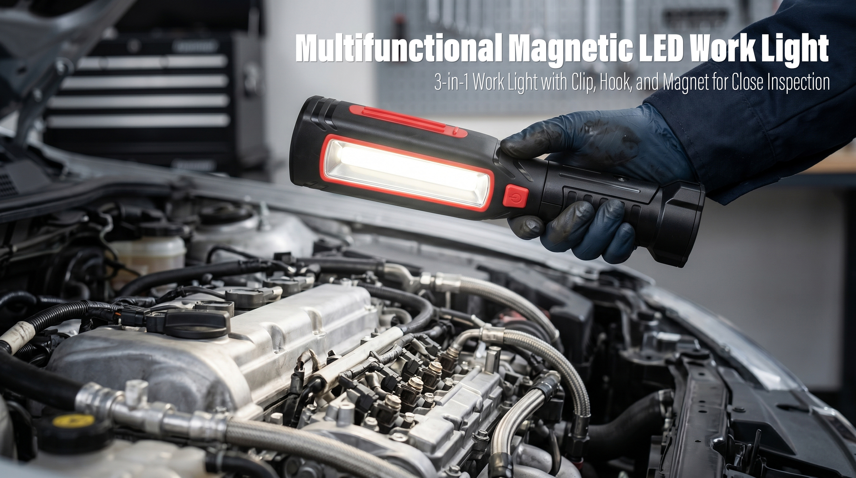 A mechanic wearing blue gloves holds a multifunctional black and red LED work light with a built-in clip, hook, and magnet to inspect a car engine bay.