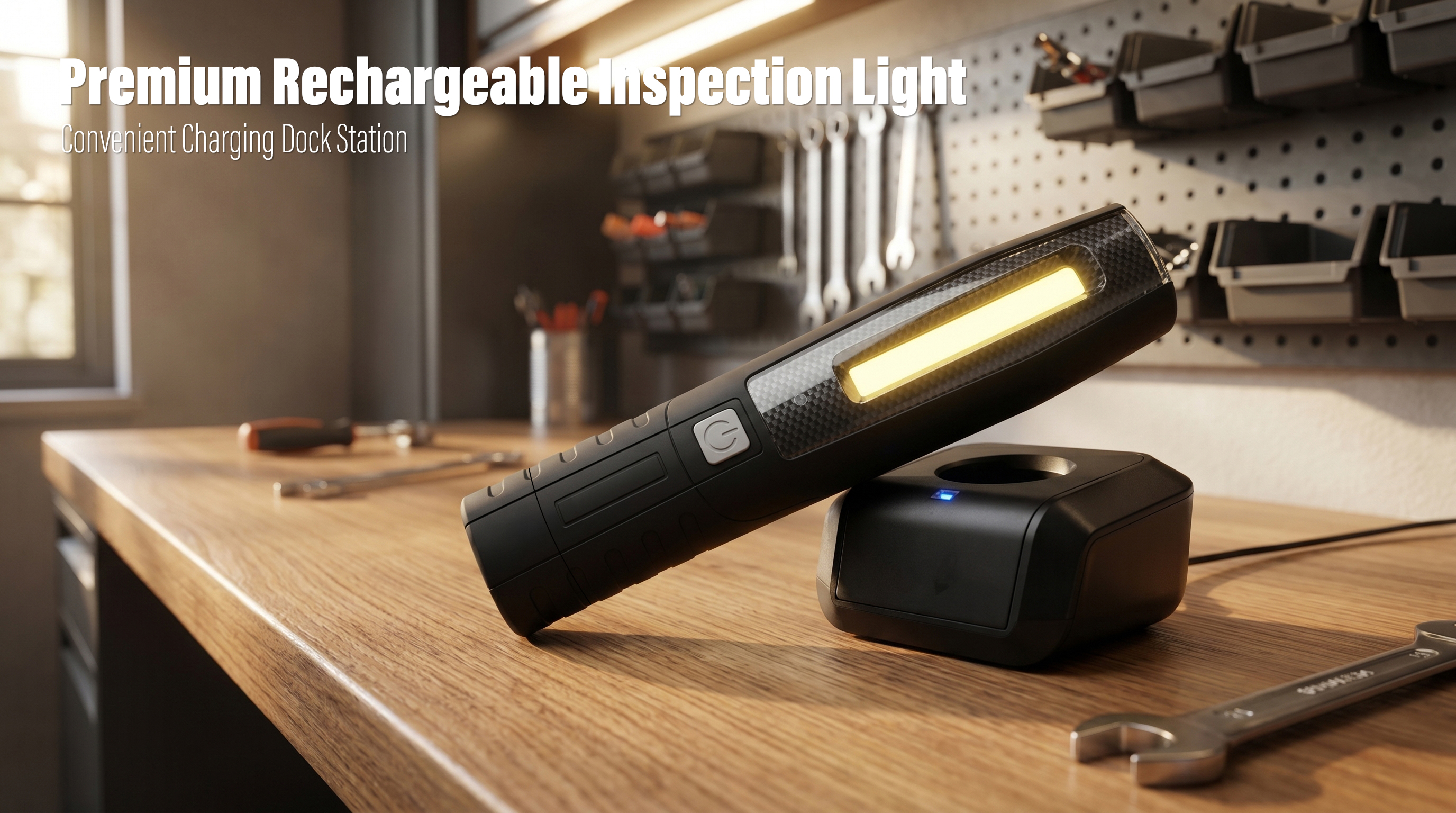 Black premium handheld LED work light with carbon fiber pattern resting on its wireless charging dock on a wooden workbench.