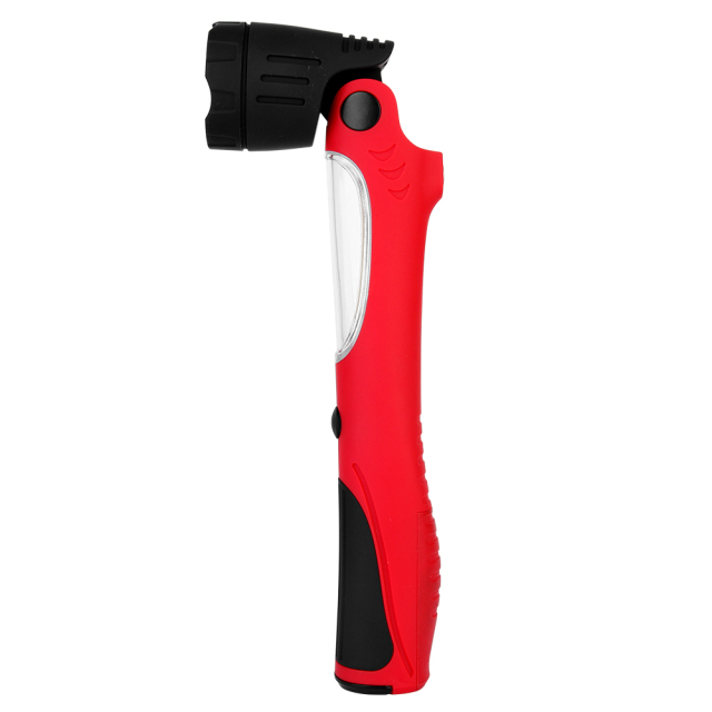 Side view of a red portable LED work light with its adjustable head swiveled at a 90-degree angle.