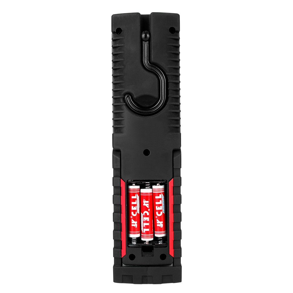 Back view of the LED work light with the battery cover removed, showing three AAA dry batteries installed.