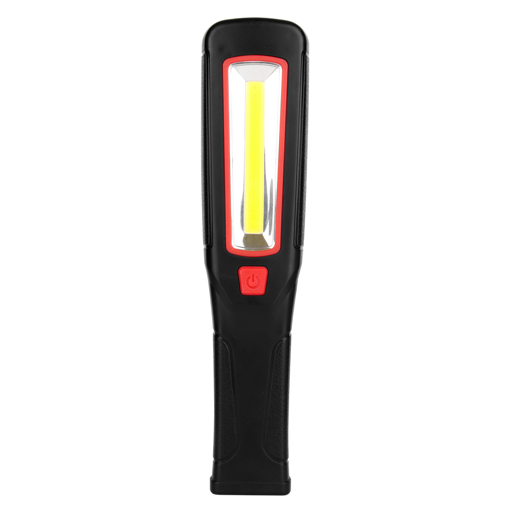 Front view of the handheld LED work light showing the long central COB light panel and red power button.