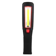 Front view of the handheld LED work light showing the long central COB light panel and red power button.