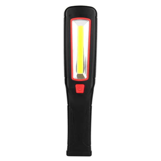 Front view of the handheld LED work light showing the long central COB light panel and red power button.