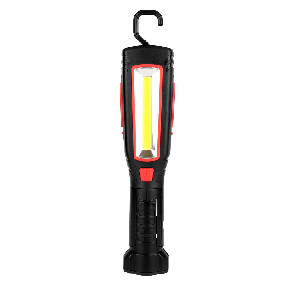 Front view of the handheld LED work light with its top swivel hook extended for hands-free hanging.