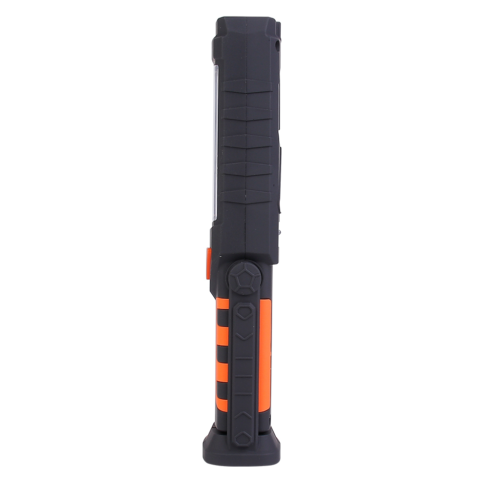 Side view profile of the handheld LED work light showing its ergonomic design and textured grip.