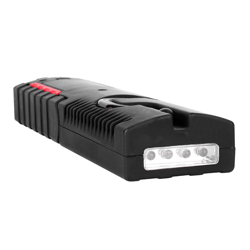 Close-up angled view highlighting the top 4-LED spotlight on the tip of the handheld work light.