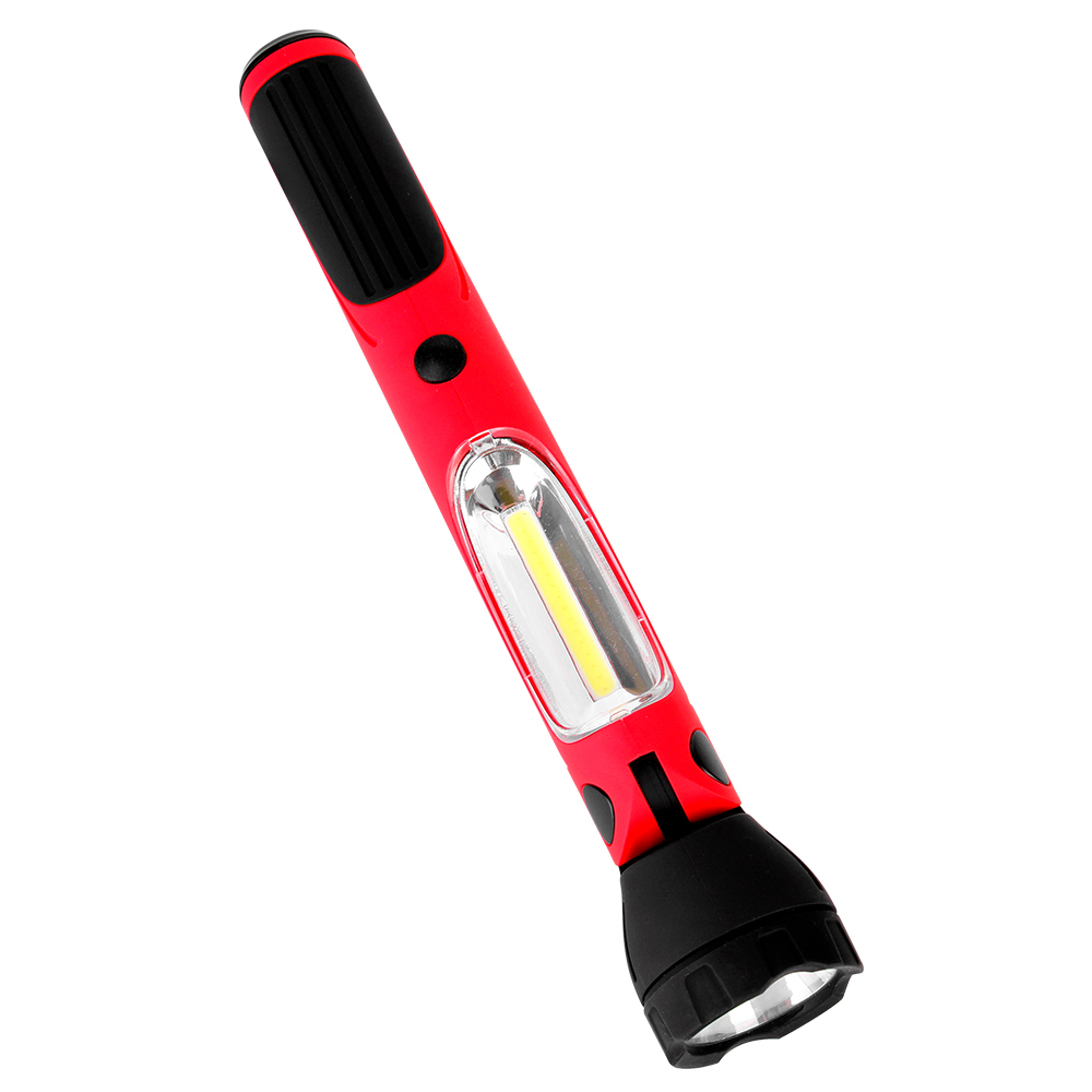 Angled view of a red and black handheld rechargeable LED inspection light on a white background.