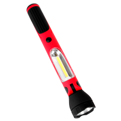 Angled view of a red and black handheld rechargeable LED inspection light on a white background.