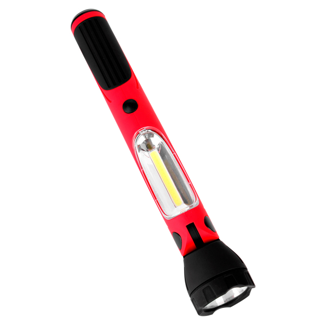 Angled view of a red and black handheld rechargeable LED inspection light on a white background.