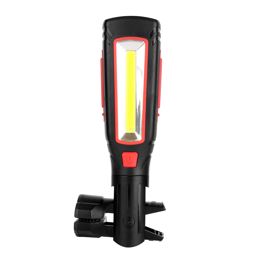 Front view of the LED work light showing its unique 180-degree pivoting base that functions as a heavy-duty clip.
