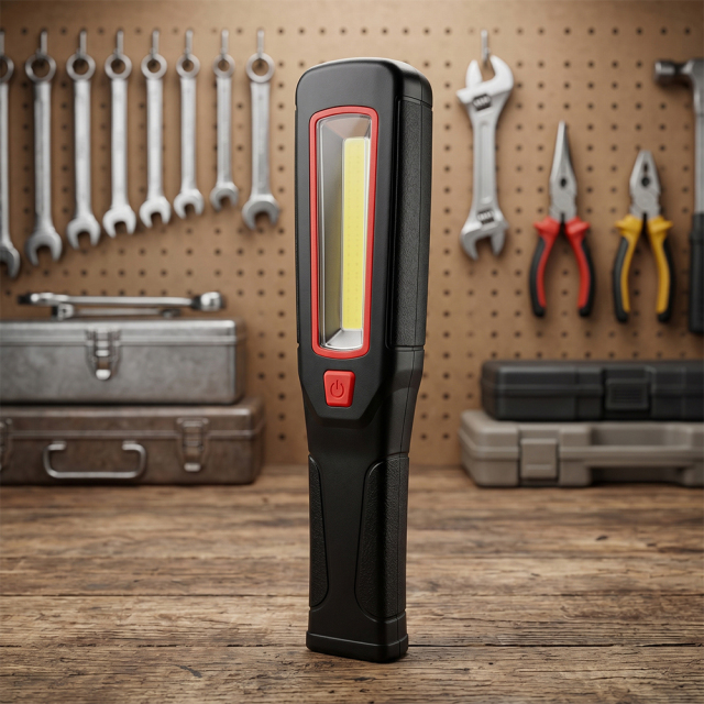 A black and red handheld LED work light standing vertically on a wooden workbench with tools hanging in the background.