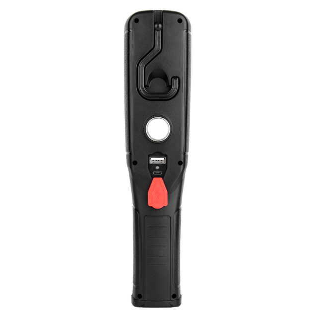 Detailed back view of a black multifunctional magnetic LED work light, showcasing the integrated swivel hanging hook, strong circular magnet, and dual USB ports with a red protective rubber cover.