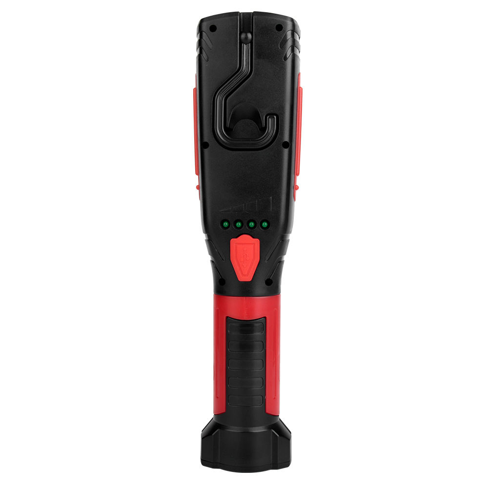 Close-up back view of a black and red multifunctional LED work light, showing its integrated folding swivel hook, four green LED power indicator lights, and a USB charging port with a red rubber flap cover.