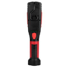 Close-up back view of a black and red multifunctional LED work light, showing its integrated folding swivel hook, four green LED power indicator lights, and a USB charging port with a red rubber flap cover.