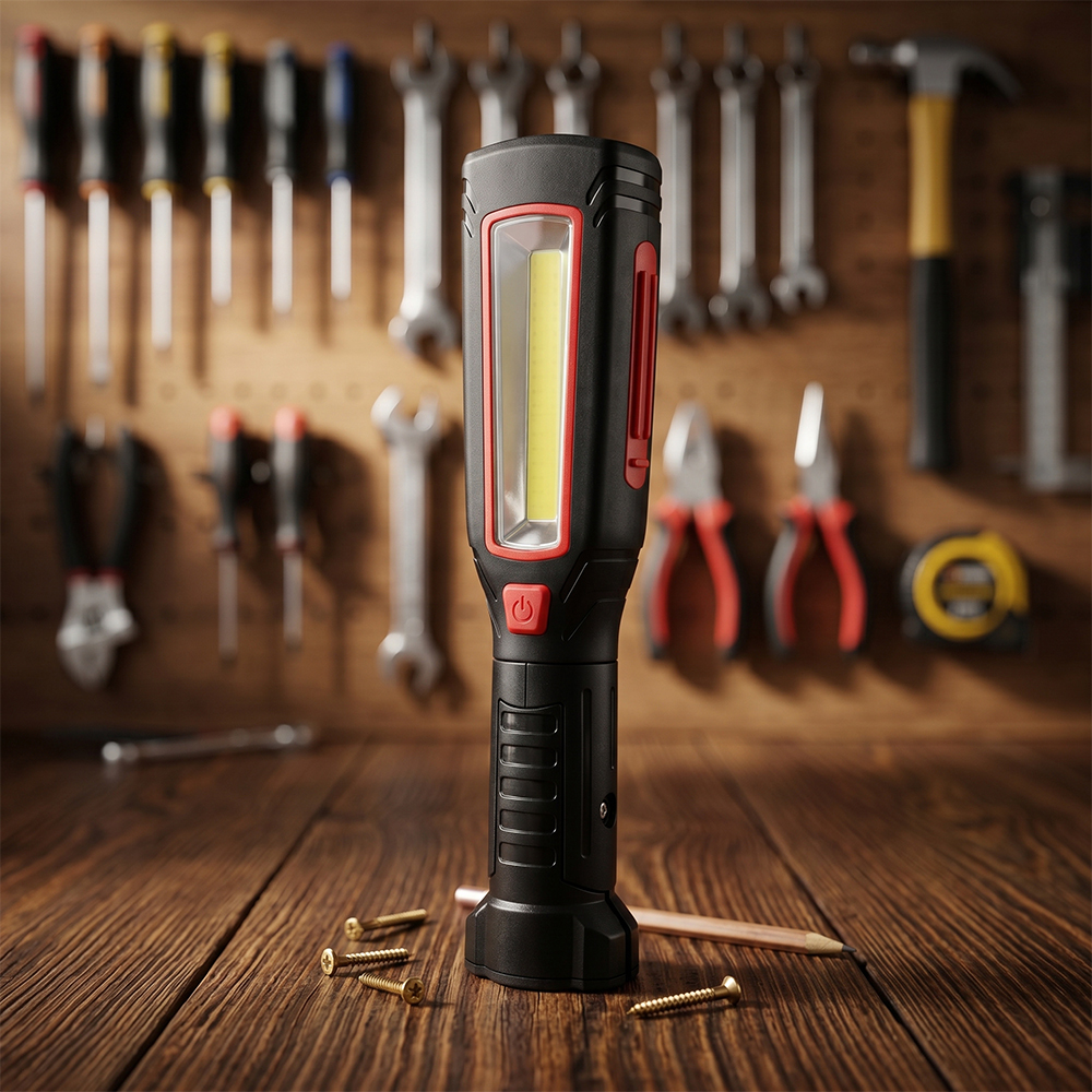 A black and red multifunctional LED work light standing on a wooden workbench with tools in the background.