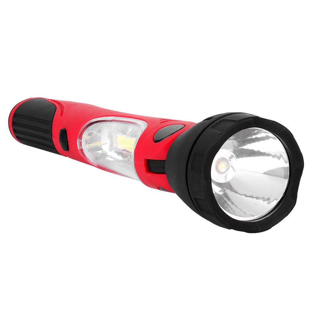 Portable LED work light lying horizontally showing the front torch lens and side COB light panel.