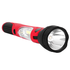 Portable LED work light lying horizontally showing the front torch lens and side COB light panel.