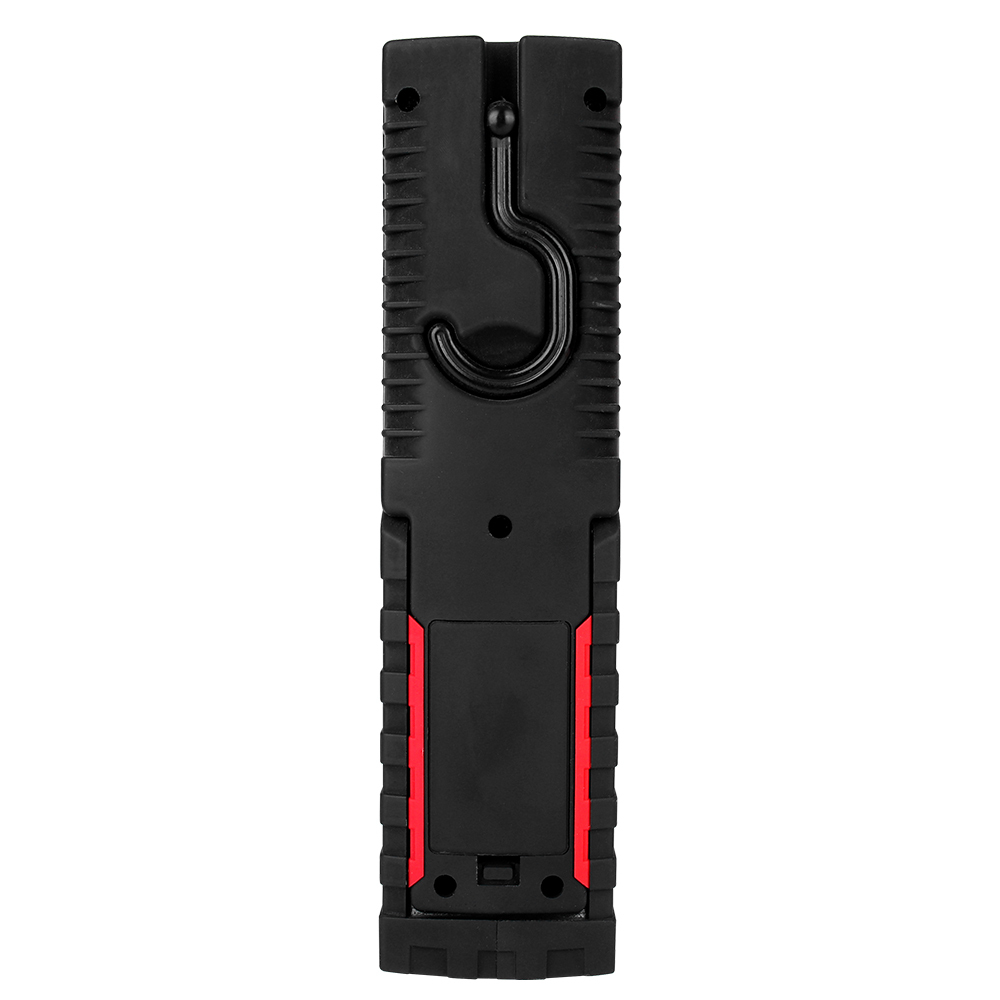 Back view of the portable LED work light focusing on the integrated black swivel hanging hook.
