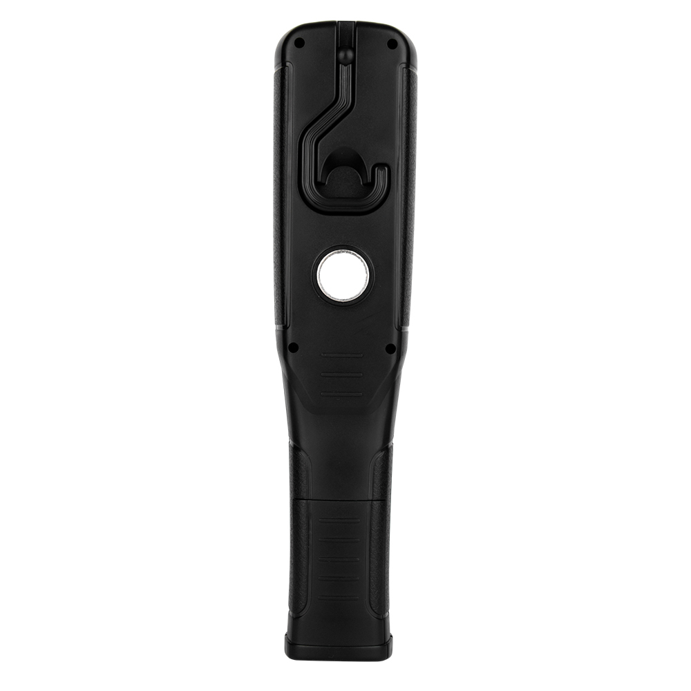 Back view of the portable LED work light focusing on the integrated folding swivel hook and circular magnet.