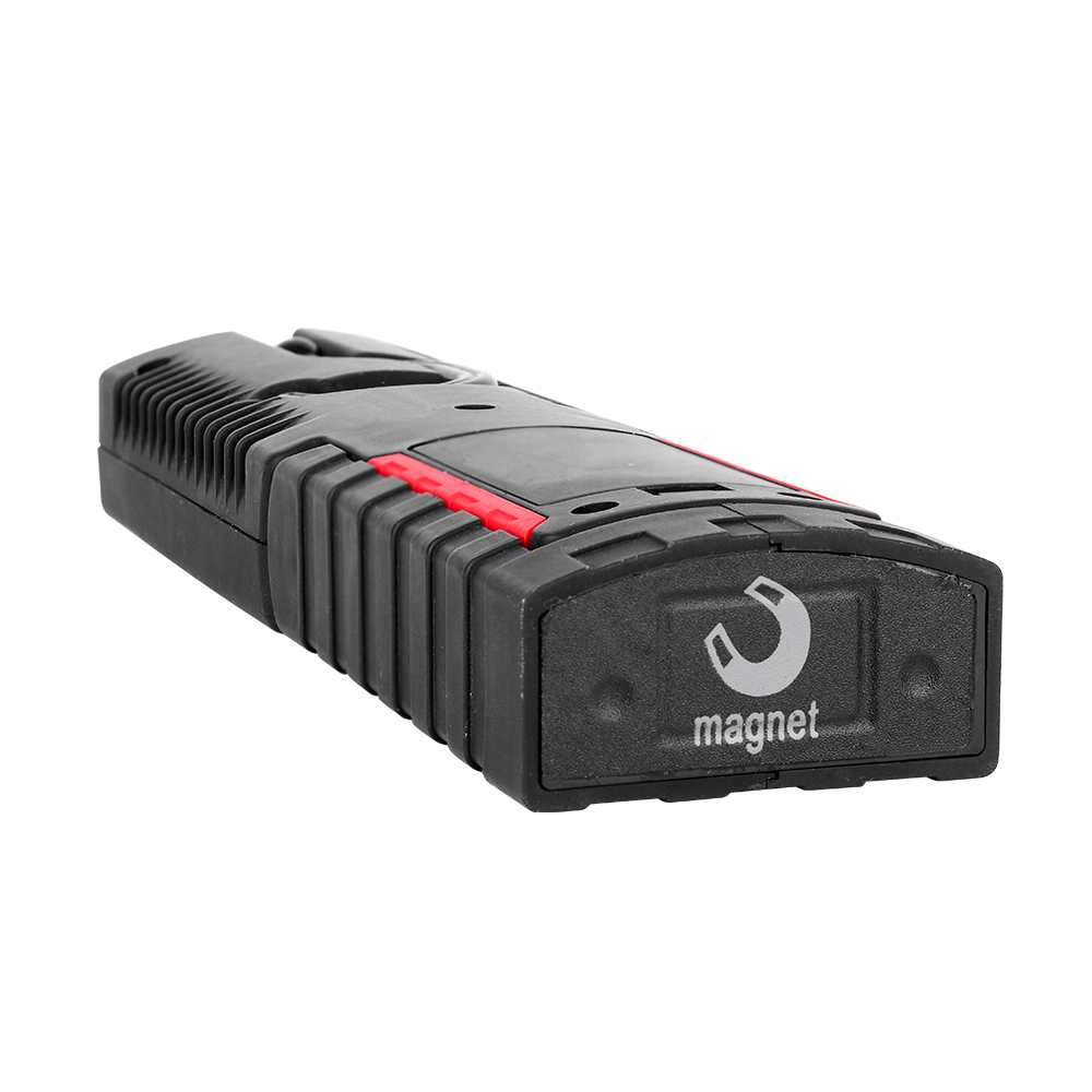 Bottom view of the portable LED work light showing the flat base with a built-in strong magnet icon.
