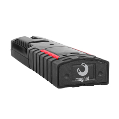 Bottom view of the portable LED work light showing the flat base with a built-in strong magnet icon.