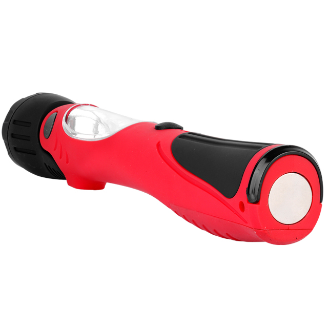 Back view of a handheld LED work light focusing on the built-in strong magnetic base and rubberized handle.