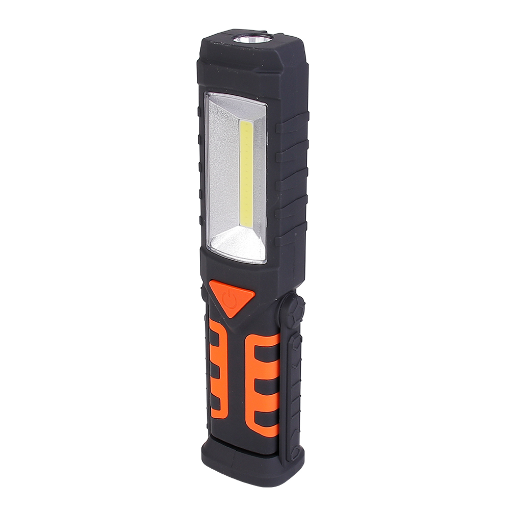Three-quarter angled front view of the portable orange and black LED work light against a white background.