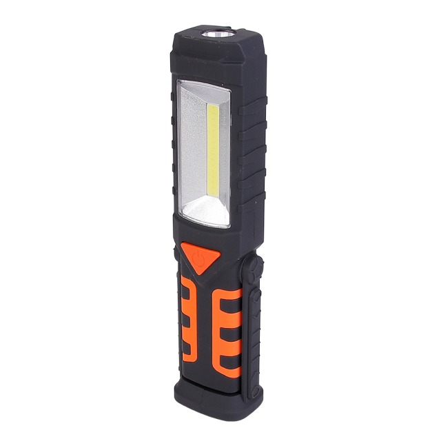 Three-quarter angled front view of the portable orange and black LED work light against a white background.