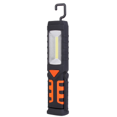 Front view of the portable LED work light with its integrated top hanging hook extended for hands-free use.