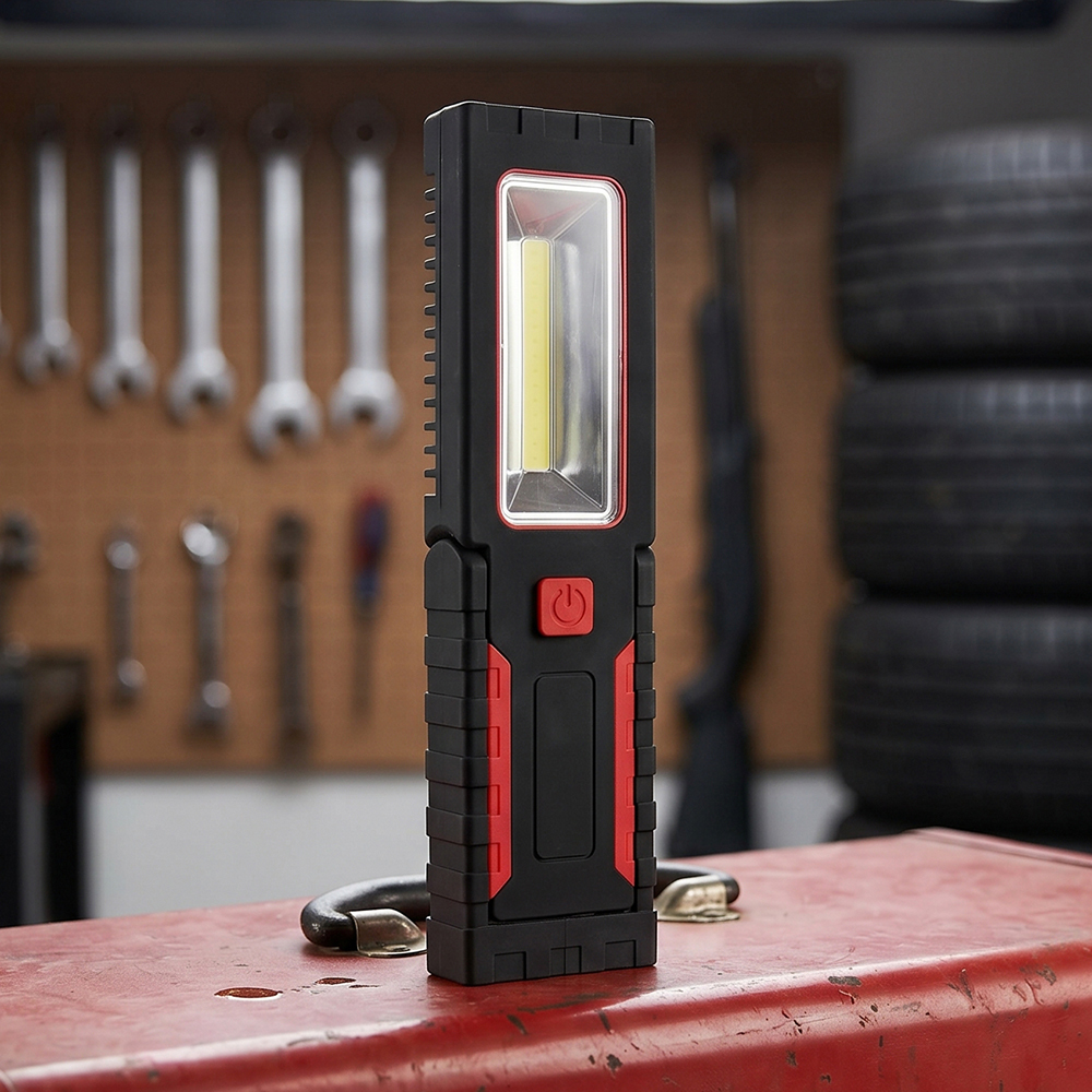 A black and red portable LED work light standing on a red workbench in a garage with tools in the background.