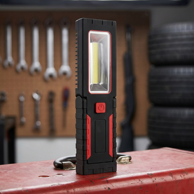 A black and red portable LED work light standing on a red workbench in a garage with tools in the background.
