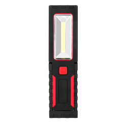 Front view of a portable magnetic LED work light showing the central COB panel and red power button.